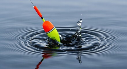 Bright fishing bobber splashes in calm water