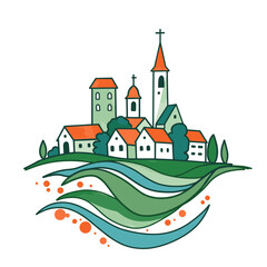 Village in the countryside with churches and colorful waves on a white background in a flat vector style