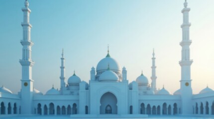 Fototapeta premium White Mosque with Multiple Domes and Minarets in Bright Daylight