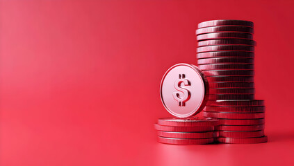 A stack of shiny coins with a prominent dollar symbol on a vibrant red background, representing finance, investment, and economic growth themes.