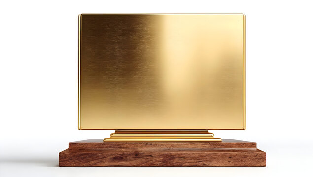 A shiny, golden plaque resting on a wooden base, ideal for awards, achievements, or recognition displays in corporate settings.