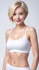 Obraz premium a blonde woman with short hair wearing a low cut white top on a white background, fashion photography