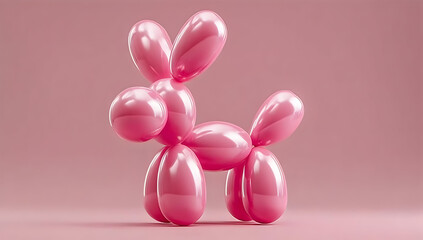 A playful pink balloon sculpture shaped like a dog, set against a soft pink background. Perfect for celebrations and fun events, adding a whimsical touch.