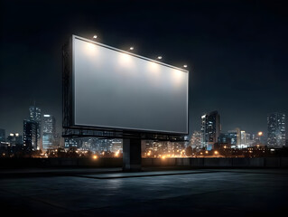 A large, empty billboard illuminated against a nighttime city skyline, showcasing urban commercial space and advertising potential.