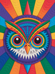 Psychedelic Owl Face in Vibrant Rainbow Colors
