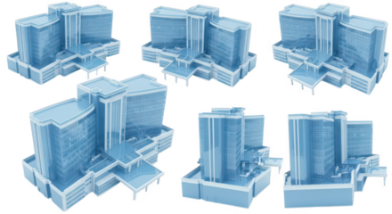 Rendered futuristic glass buildings in multiple angles on a white background used for architectural visualization or concept design