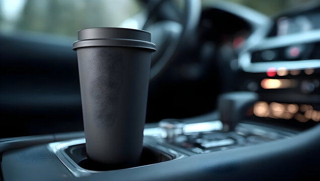 A sleek black coffee cup placed in a car's console, showcasing a modern travel lifestyle and enjoying beverages on the go.