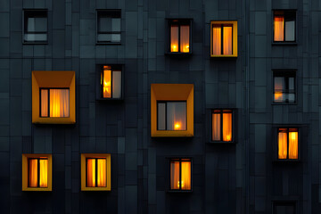 A modern building facade featuring striking geometric windows that illuminate with warm light, creating a captivating urban atmosphere at dusk.
