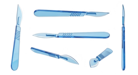 Transparent surgical scalpels arranged on white background showcasing potential medical instruments in varied angles for professional applications