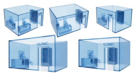 Blue-tinted clinic interior models showcase examination room cabinets and entrance against a white background suitable for healthcare medical and design concepts