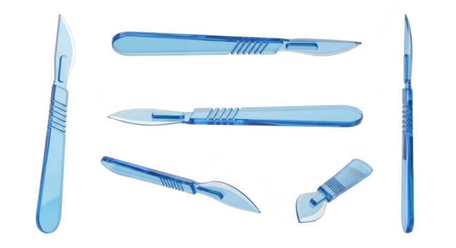 Transparent surgical scalpels arranged on white background showcasing potential medical instruments in varied angles for professional applications
