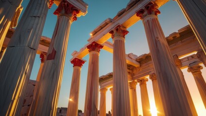 Ancient Greek Temple Columns Against Blue Sky, Architectural Legacy and Art