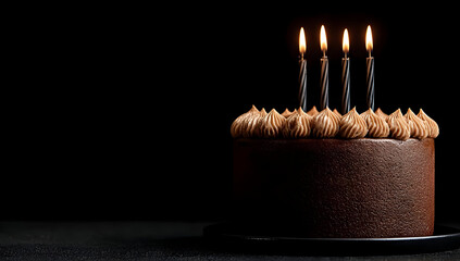 A rich chocolate cake adorned with four glowing birthday candles, ready for celebration. Perfect for parties and joyous moments.