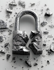 A shattered padlock symbolizes broken security and vulnerabilities in society. This image conveys the importance of addressing social issues effectively.