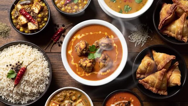 Assorted indian Sri Lankan food set on wooden background. Dishes and appetisers of indeed cuisine, rice, lentils, paneer, samosa, spices, masala. Bowls and plates with indian food top view chicken