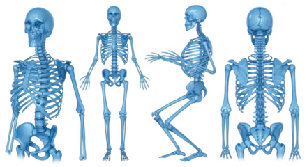 A blue skeletal model is shown in multiple poses against a white background for anatomy and educational purposes