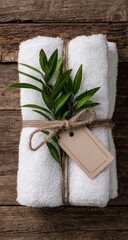 Two fluffy white towels tied with twine, adorned with a sprig of green leaves and a blank tag, rest on rustic brown wood