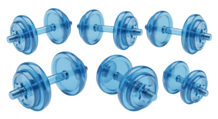 Transparent blue dumbbells arranged on white surface demonstrating fitness equipment for exercise and weightlifting training