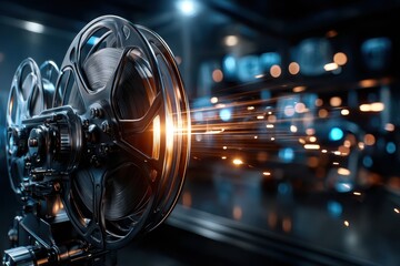Fototapeta premium Film projectors spin as bright sparks fly during a cinematic presentation at a modern theater