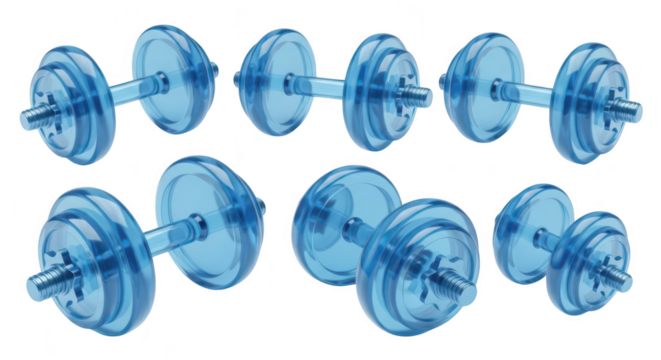 Transparent blue dumbbells arranged on white surface demonstrating fitness equipment for exercise and weightlifting training