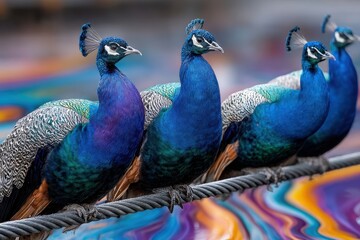 Fototapeta premium Vibrant peacocks perched along a colorful background at a scenic location