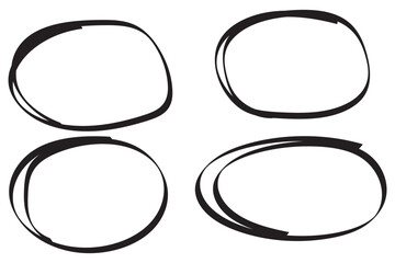 red pen hand drawn doodle marks, red circle and oval stroke set. Outline red drawing line clipart symbol