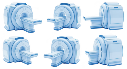 Several perspective views of a medical scanner showing the device used for patient diagnosis set on a white background perfect for health imagery