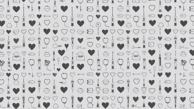 A repeating pattern of medical and healthcare symbols including hearts, stethoscopes, and syringes on a light gray background.