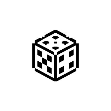 Isometric cube with checkerboard pattern on one side and dots on top in black and white style design