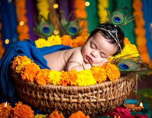 An infant dressed as Lord Krishna sleeping in a hand-woven jhula (cradle) decorated with marigold flowers and peacock feathers. Background includes oil lamps and colorful fabric drapes.