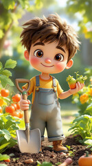 Cute cartoon boy gardening with a shovel and vegetables Cartoon character illustration.