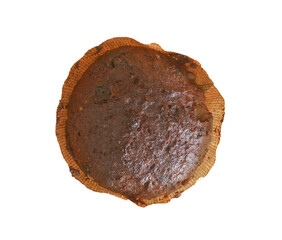 Zenith shot of a chocolate panettone wrapped in Christmas wrapping paper, revealing the rich texture and diverse ingredients of this traditional Italian cake.