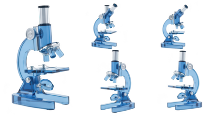 Six translucent blue microscopes arranged on a white background suitable for scientific research and medical studies