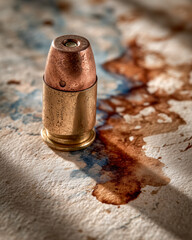 Bullet casing lying on a stained surface with traces of what appears to be blood in dim lighting