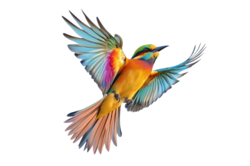 Colorful Bird in Full Flight on White Background