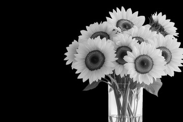 A vibrant bouquet of bright yellow sunflowers in a clear glass vase isolated on transparent background