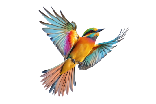 Colorful Bird in Full Flight on White Background