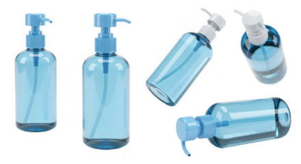 Blue dispenser bottles set dispensing liquid isolated on white studio product shot for cleaning hygiene and product presentation
