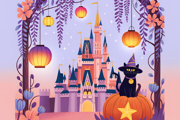 Whimsical Castle at Sunset with Autumn Magic