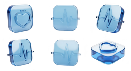 Transparent glass medical icons depicting a heart and a heartbeat waveform on a white background used for health healthcare and wellness app design