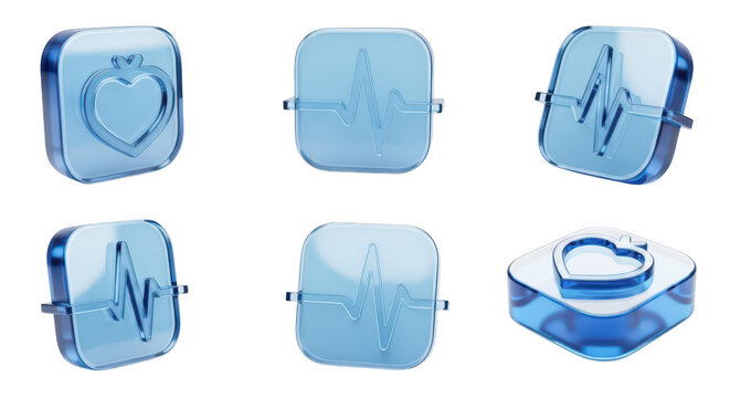 Transparent glass medical icons depicting a heart and a heartbeat waveform on a white background used for health healthcare and wellness app design - Powered by Adobe