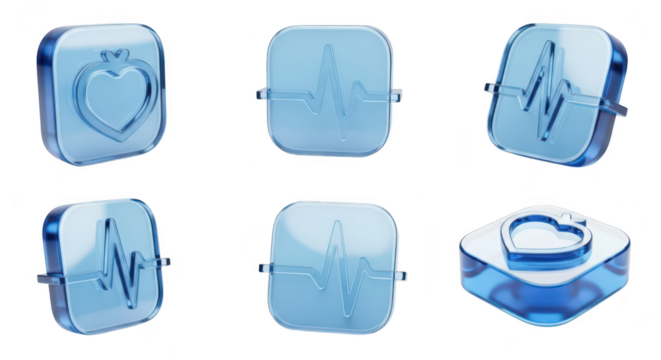 Transparent glass medical icons depicting a heart and a heartbeat waveform on a white background used for health healthcare and wellness app design - Powered by Adobe