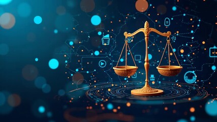 AI ethics and law in artificial intelligence governance. Icons related to AI ethics, symbols of legal scales, security, and global responsibility. ethical standards and regulations. scales of justice.