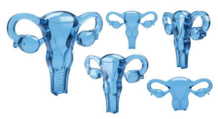 3D renderings of female reproductive system showing multiple translucent blue models on a white background ideal for medical or educational illustrations