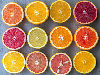 Obraz premium Vibrant assortment of citrus fruit slices, including oranges, grapefruits, and lemons, arranged in grid pattern on textured surface. colorful display is fresh and inviting