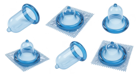 Various transparent condoms showcased in different positions against a white background promoting safe sex and contraception