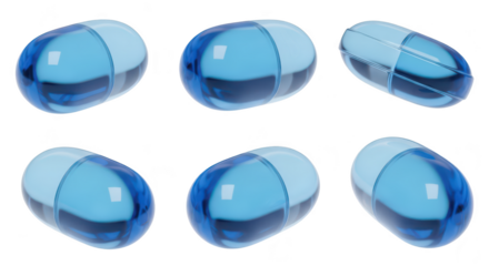 Six blue translucent pills in different angles showcasing medication options against a white background for health and pharmaceutical usage