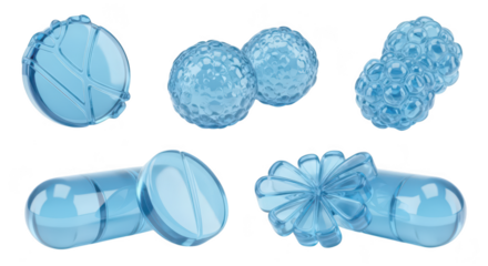 Transparent 3D medical pills & capsules set isolated on white showcasing drug types & uses with blurred white background