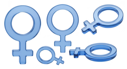 Several translucent blue female gender symbols are scattered on a white background suggesting concepts of women femininity equality and related themes