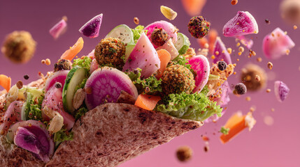 Vibrant deconstructed falafel wrap with colorful vegetables and floating elements creates dynamic and appetizing scene. wrap includes falafel balls, radishes, cucumbers, and lettuce